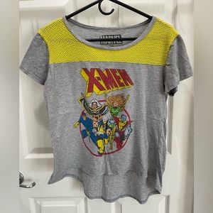 Gray X-men T-shirt with yellow mesh neckline.